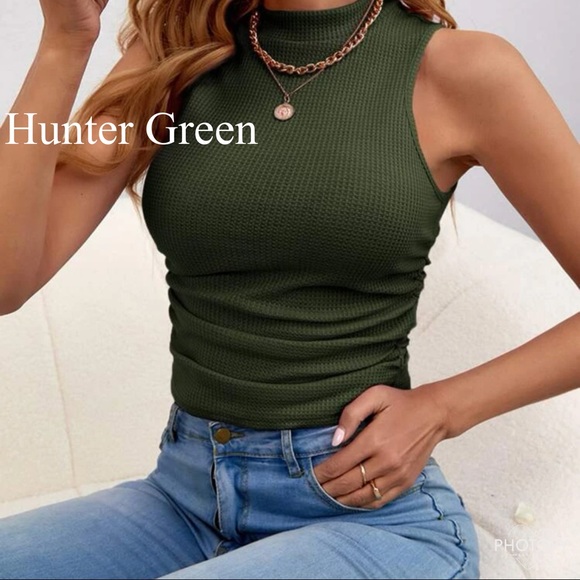 Casual Mock Neck Waffle Ruched sides Knit Tank Top - Picture 5 of 15